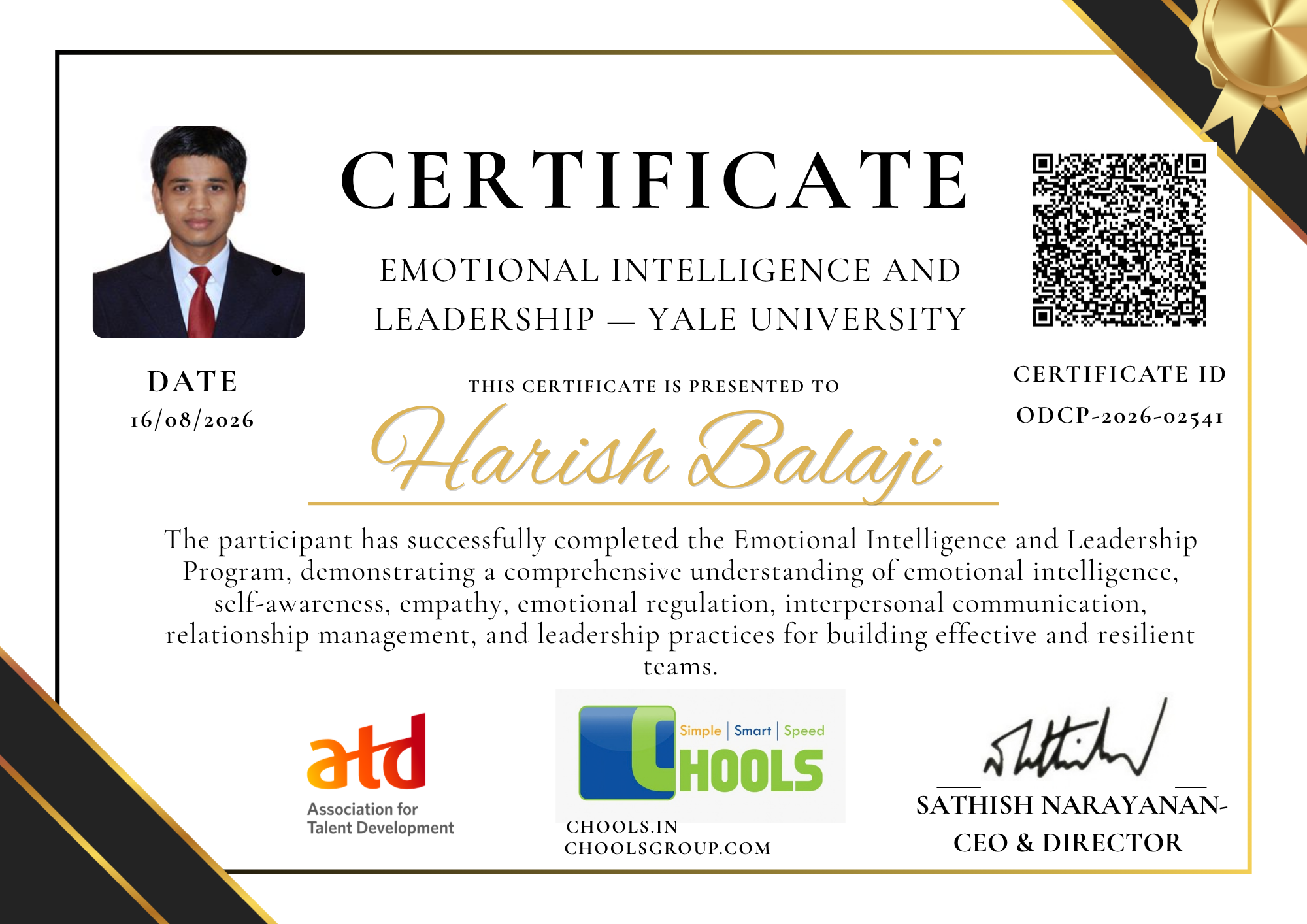 Emotional Intelligence and Leadership — Yale University Program Certificate